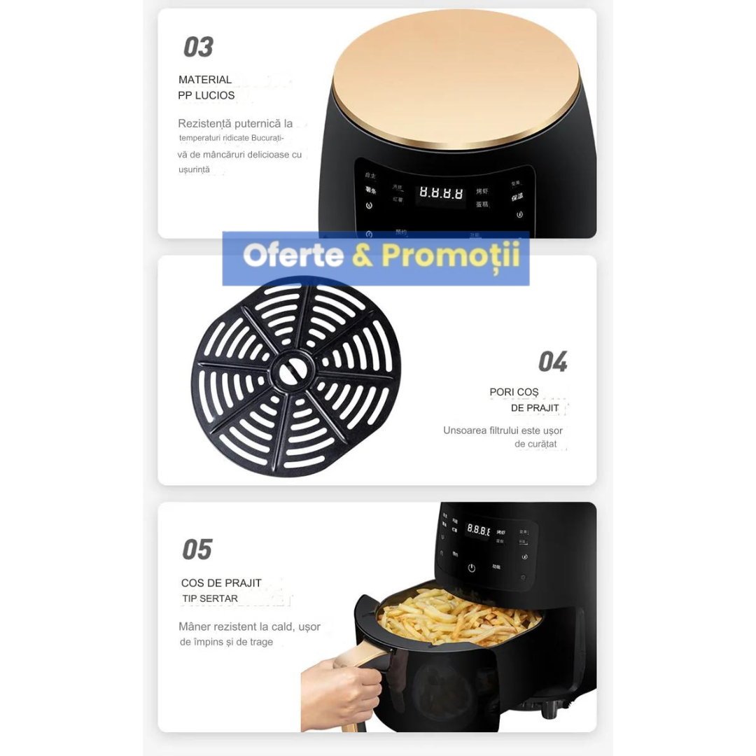 Friteuza fara Ulei cu aer cald, Functie de Coacere, 6LITRI, 2400WATT, TOP KING, LCD