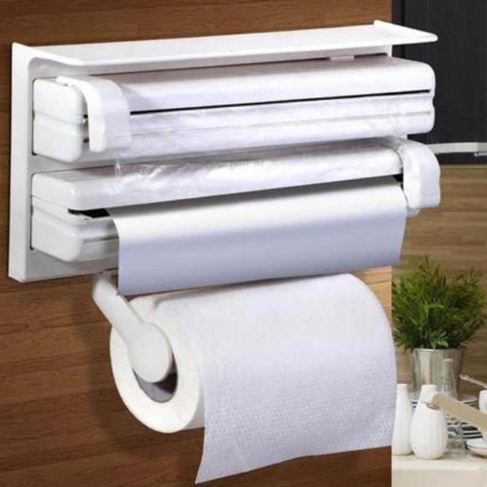 Triplu dispenser bucatarie: rola hartie prosop, folie aluminiu si folie alimentara