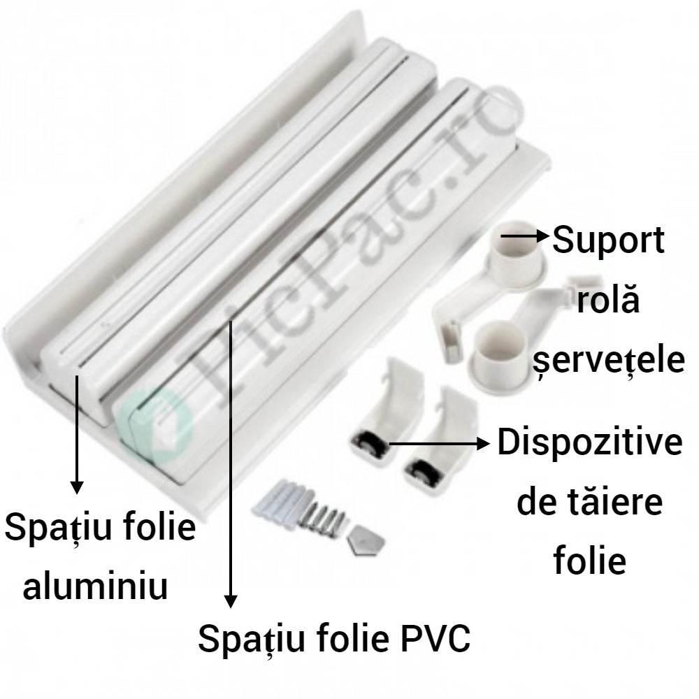 Triplu dispenser bucatarie: rola hartie prosop, folie aluminiu si folie alimentara