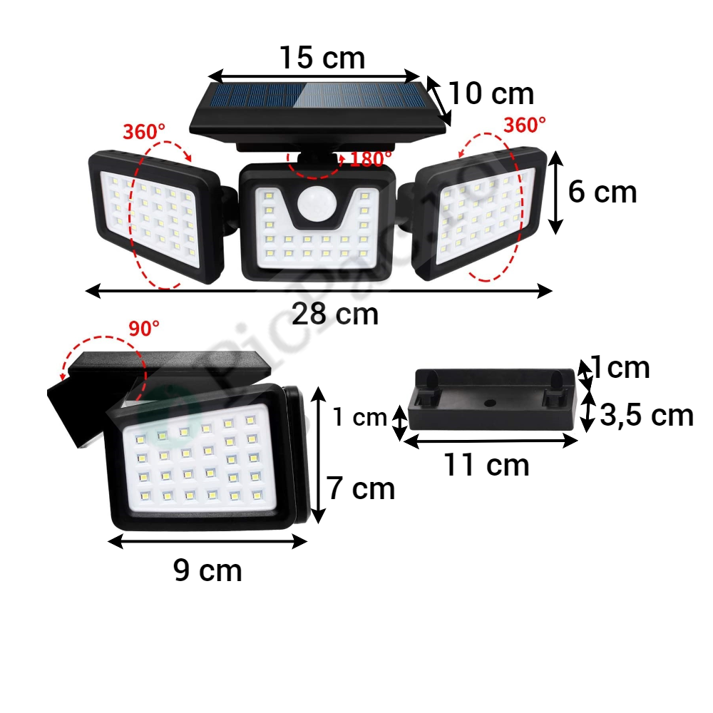 Lampa solara, de exterior cu 3 capete, LED, incarcare solara