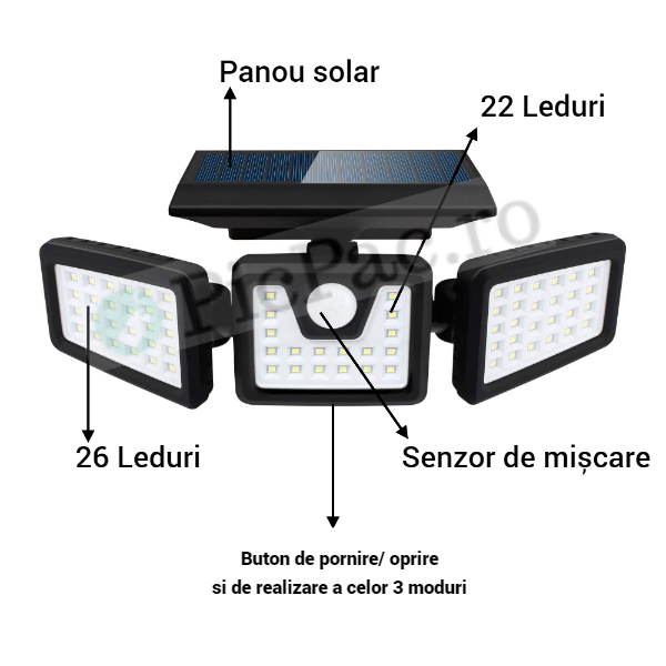 Lampa solara, de exterior cu 3 capete, LED, incarcare solara