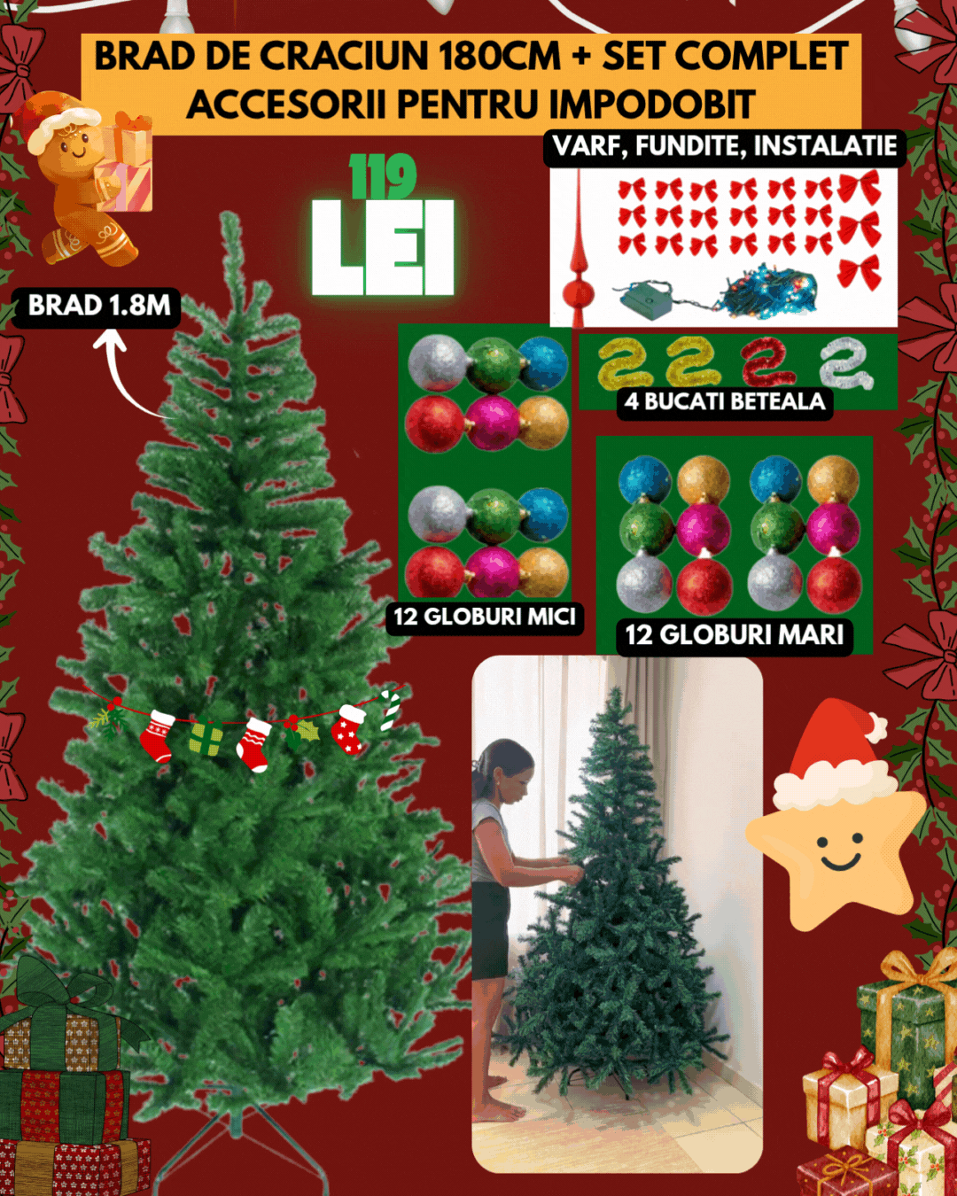 Brad de Craciun 180cm + Set complet accesorii pentru impodobit